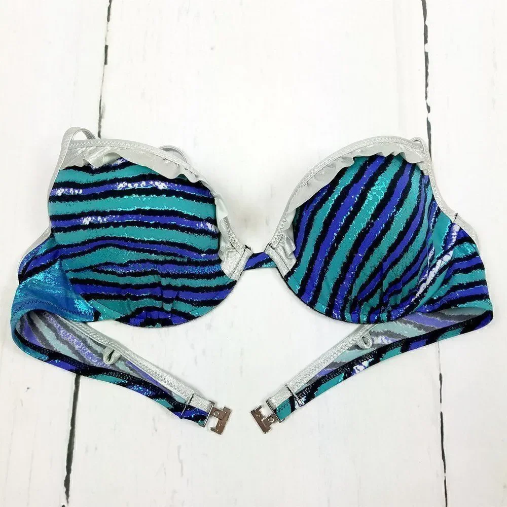 New Just Cavalli Women Stretch Bikini Blue Silver Push-Up Two Piece Swimsuit - Picture 7 of 12